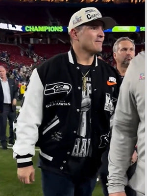 Seattle Seahawks 2026 Super Bowl LX Champions varsity jacket with black wool body, white leather sleeves, and team patches