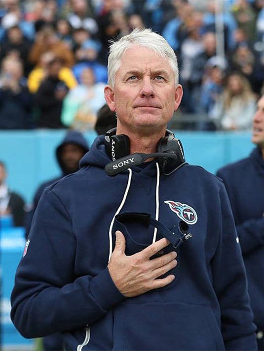 Tennessee Titans Nike navy pullover hoodie featuring the 2025 sideline design worn by Mike McCoy.