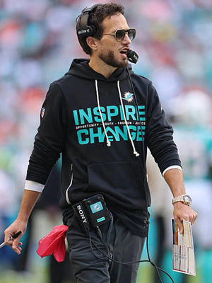 Mike McDaniel inspired black sideline hoodie featuring Miami Dolphins Inspire Change 2025 design by Nike