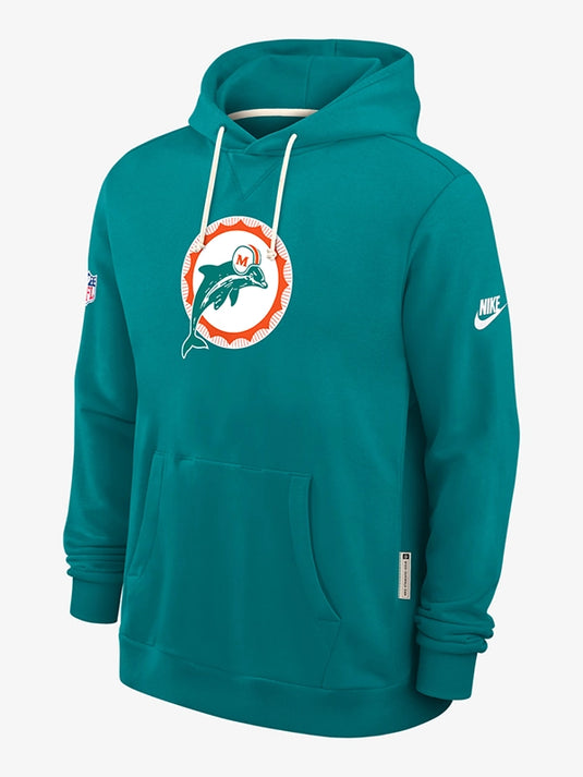 Recreated Miami Dolphins sideline Dri-FIT hoodie in aqua designed around Mike McDaniel Standard Issue Alt 2