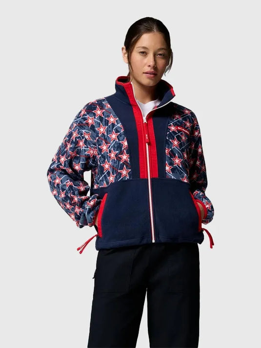Recreated Milano Cortina 2026 Winter Olympics Columbia Team USA fleece jacket in navy with red and white accents, soft insulating fabric and full-zip front