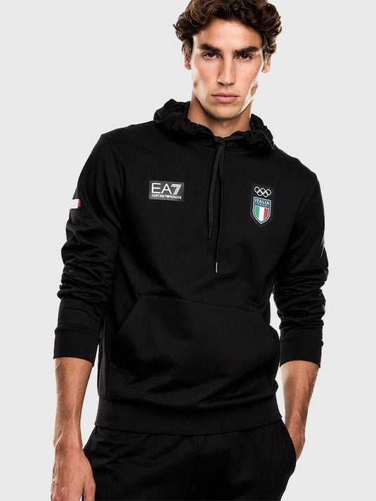 Black fleece pullover hoodie by EA7 Emporio Armani featuring Team Italy Milano Cortina 2026 Winter Olympics inspired styling