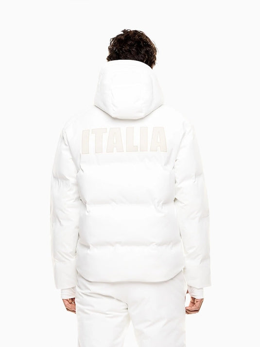 White EA7 Emporio Armani parachute puffer jacket reflecting Team Italy winter sports performance and modern design