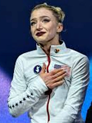 Amber Glenn Team USA 2026 Winter Olympics white jacket by Save The Duck with smooth outer shell and refined sporty detailing
