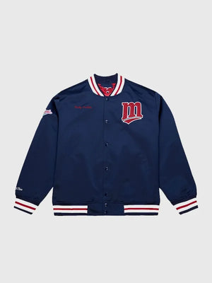 Navy blue Minnesota Twins Kirby Puckett satin jacket recreated with snap-button front and vintage-inspired athletic design