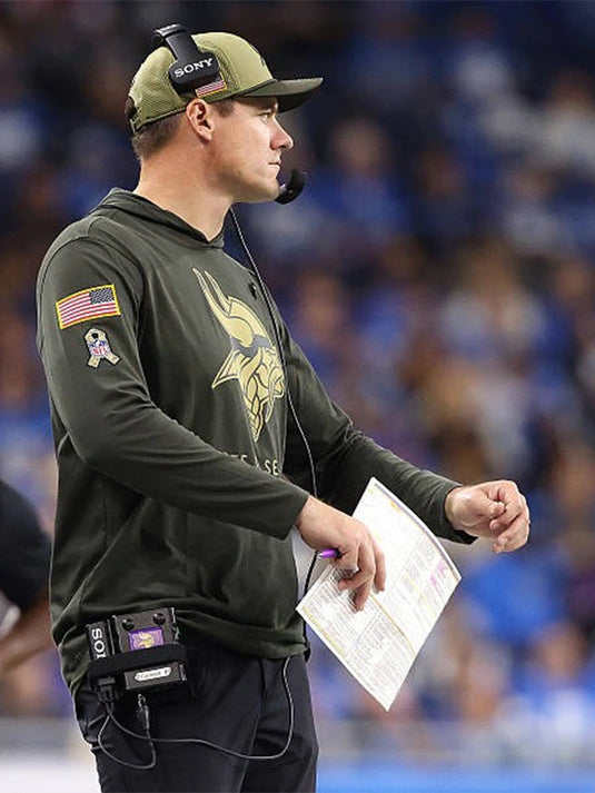 Olive Green Salute to Service Hoodie T-Shirt worn by Kevin O’Connell during Vikings vs Lions matchup.
