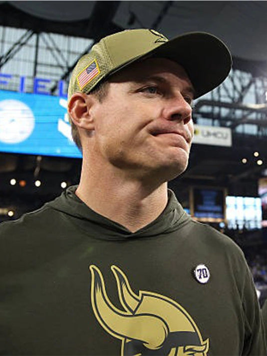 Minnesota Vikings Kevin O’Connell Olive Green Hoodie T-Shirt inspired by Salute to Service theme.