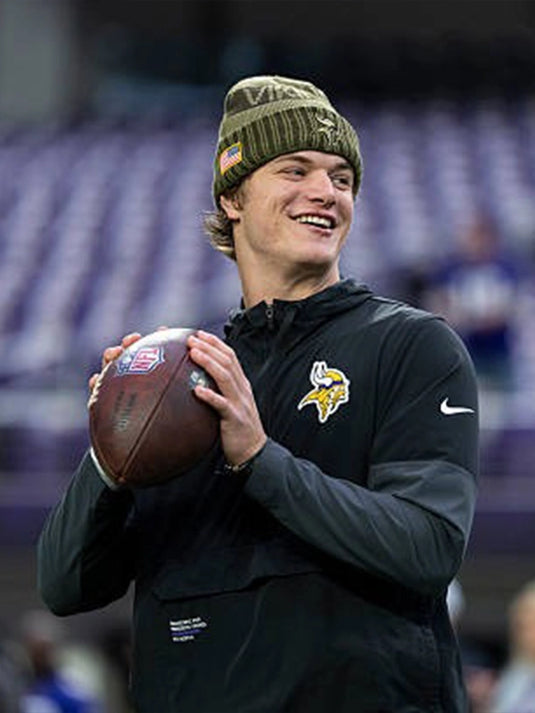 Minnesota Vikings 2025 Nike Sideline Anorak Hoodie Jacket in black styled after J.J. McCarthy’s on-field outfit.