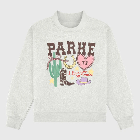 Grey Parke Texas Graphic Mockneck Sweatshirt crafted from premium fleece with a relaxed, everyday fit.