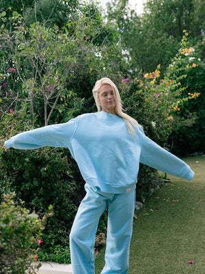 Blue fleece mockneck sweatshirt designed by Kaete for comfortable everyday layering