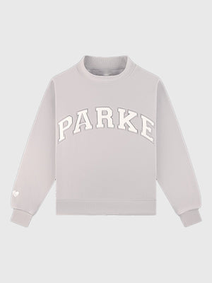 Lavender RECREATED Parke Valentine’s 2026 varsity mockneck sweatshirt designed in warm fleece material