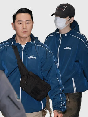 RECREATED Blue BTS Musinsa Keep Swimming Jacket made with smooth construction and versatile everyday wearability
