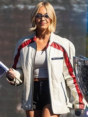 Sydney Sweeney NASCAR Cup Series Championship 2025 White Leather Jacket featuring bold racing-inspired detailing.
