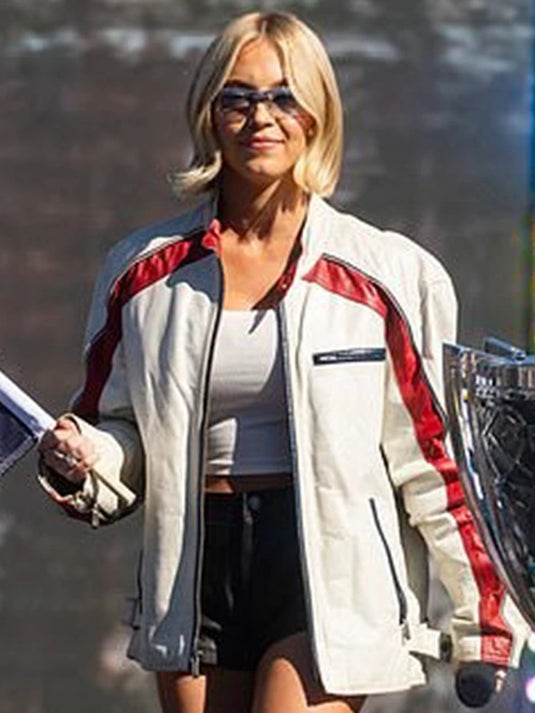 Sydney Sweeney NASCAR Cup Series Championship 2025 White Leather Jacket featuring bold racing-inspired detailing.