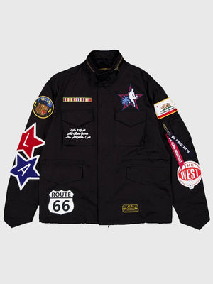 Recreated unisex New Era x Alpha Industries 2026 NBA All-Star Game jacket in black with durable outer shell and modern streetwear edge