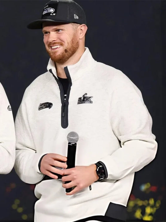 Grey Tech Fleece quarter zip jacket inspired by the Seahawks’ Super Bowl LX Opening Night 2026 attire with textured fleece and athletic cut.