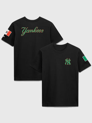 RECREATED New York Yankees New Era Mexico Country Flag T-Shirt in Black featuring soft cotton fabric with bold team and flag graphic detailing