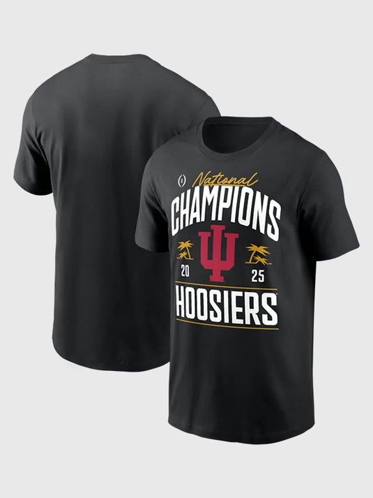 Indiana Hoosiers 2025 National Champions locker room t-shirt in black celebrating College Football Playoffs victory
