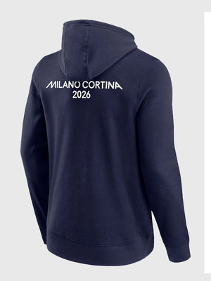 Winter Olympics Milano Cortina 2026 style hoodie in navy with bold graphic detailing front and back
