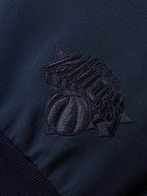 RECREATED New York Knicks 2026 Playoffs bomber jacket in navy by Giorgio Armani and Kith, featuring sleek construction and bold team-inspired design