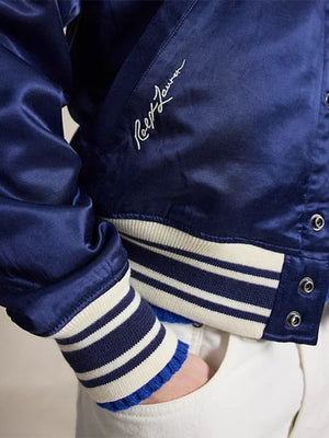 Recreated MLB Collection Boston Red Sox satin varsity bomber jacket by Ralph Lauren with clean structure and bold accents