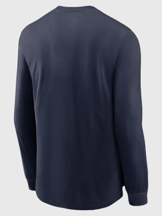 Navy long sleeve t-shirt celebrating New England Patriots 2025 AFC East Division Championship with subtle locker room styling