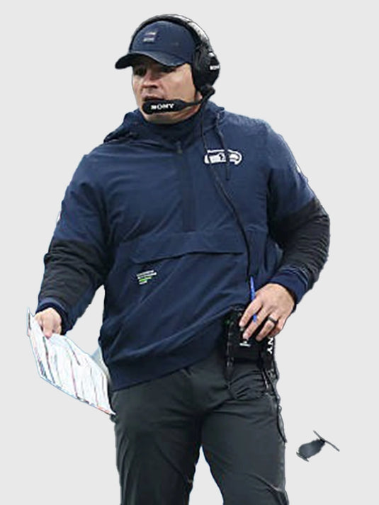 Navy recreation sideline jacket with hood and half-zip design inspired by Mike MacDonald Seattle Seahawks 2025 look