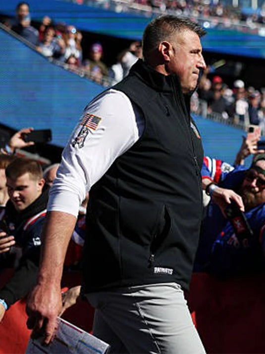 New England Patriots 2025 Sleeveless Coach Vest in black, worn by Mike Vrabel during games.