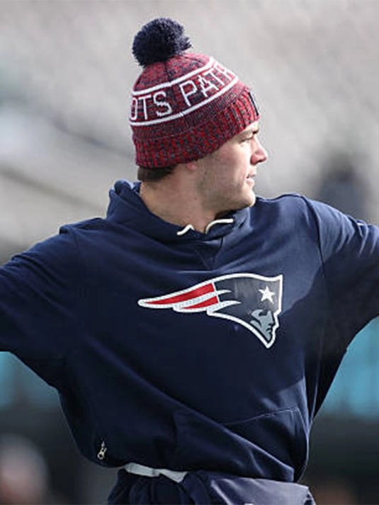 Recreated Drake Maye Patriots pullover fleece hoodie in navy blue with Nike sideline styling and comfortable fit