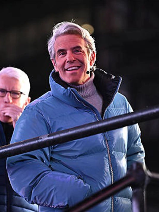 Recreated Andy Cohen NYE 2026 blue Mackage jacket with puffed design and detachable hood for cold-weather layering