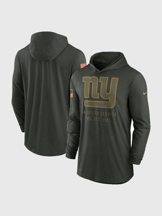 Nike New York Giants 2025 Salute to Service forest green hooded pullover T-shirt crafted with lightweight Dri-FIT fabric.