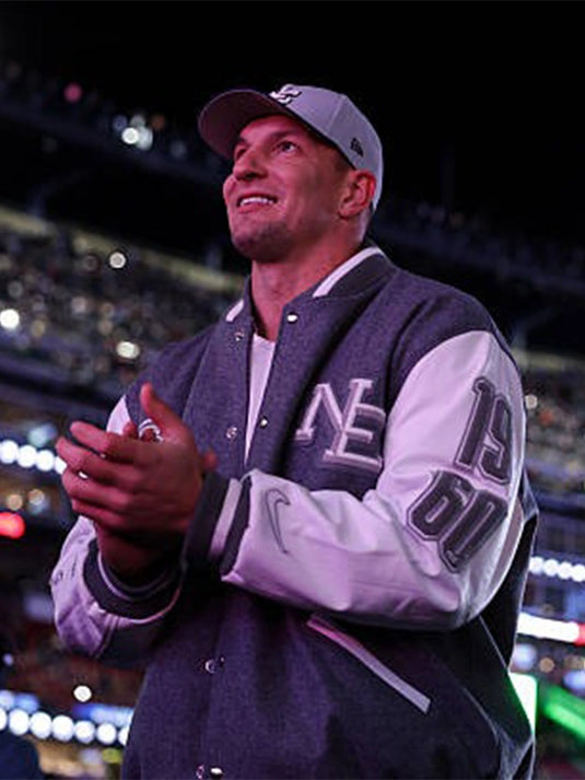 Patriots Rivalries 2025 wool varsity jacket worn by Rob Gronkowski during the Jets matchup.