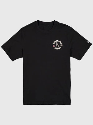 Unisex Los Angeles Dodgers New Era x Born x Raised Black On The Turf Champions T-Shirt designed with a classic crewneck fit and strong team-inspired styling