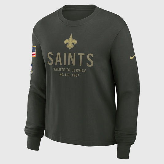 New Orleans Saints Nike Dark Green 2025 Salute to Service Long Sleeve Tee with team logo.