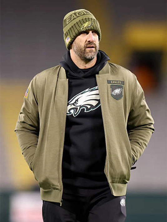 Olive green Nick Sirianni Philadelphia Eagles 2025 cotton bomber jacket featuring full-zip closure and soft lining.