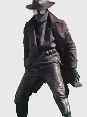 Vintage style brown leather coat based on Nicolas Cage Spider Noir 2026 Ben Reilly wardrobe, full length and tailored fit