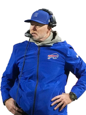 Sean McDermott inspired blue Buffalo Bills hooded jacket with zip closure, recreated for casual and sideline wear