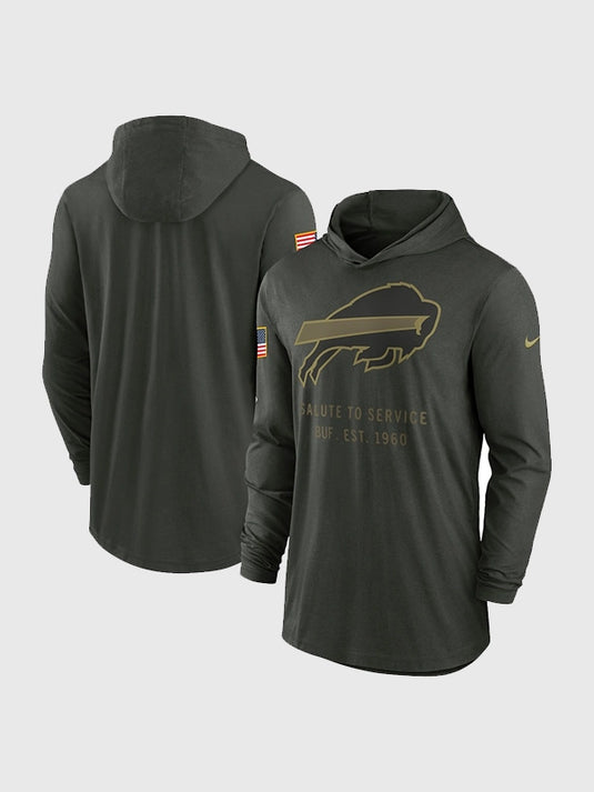 Buffalo Bills 2025 Nike forest green Salute to Service hooded pullover combining functional comfort with team-inspired styling.