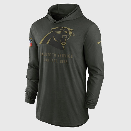 Nike 2025 Carolina Panthers Salute to Service lightweight hooded T-shirt in forest green with moisture-wicking Dri-FIT material.