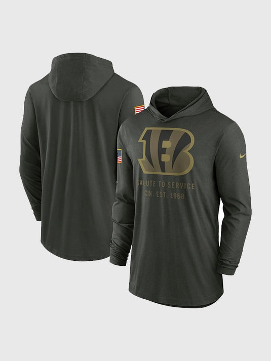 Nike Cincinnati Bengals 2025 Salute to Service forest green hooded pullover T-shirt crafted with lightweight Dri-FIT fabric for comfort.