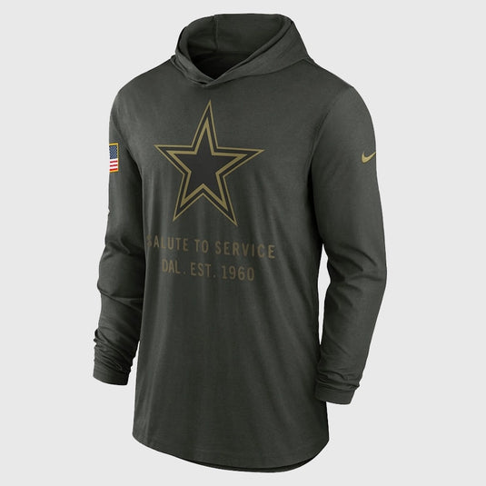 Dallas Cowboys 2025 Nike forest green Salute to Service hooded pullover combining functional comfort with team-inspired detailing.