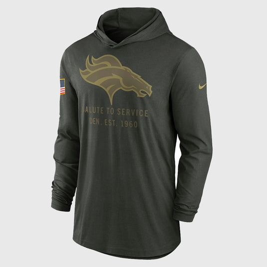2025 Denver Broncos Salute to Service forest green hoodie T-shirt by Nike featuring breathable sideline-inspired design.