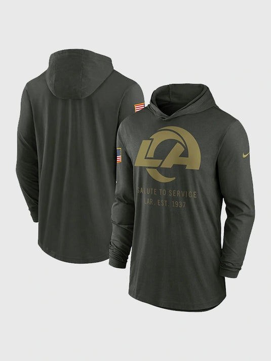 Forest green Nike Los Angeles Rams 2025 Salute to Service pullover hoodie designed for everyday athletic wear and comfort.