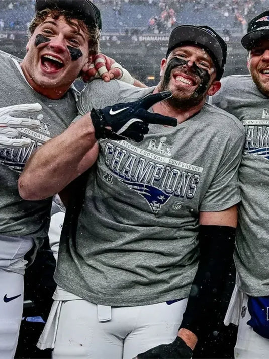 Heather grey Nike Patriots t-shirt designed for the 2025 AFC Champions locker room celebration