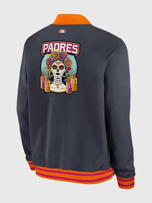 Recreated Nike San Diego Padres 2026 City Connect full-zip bomber jacket in black and orange with modern outerwear appeal
