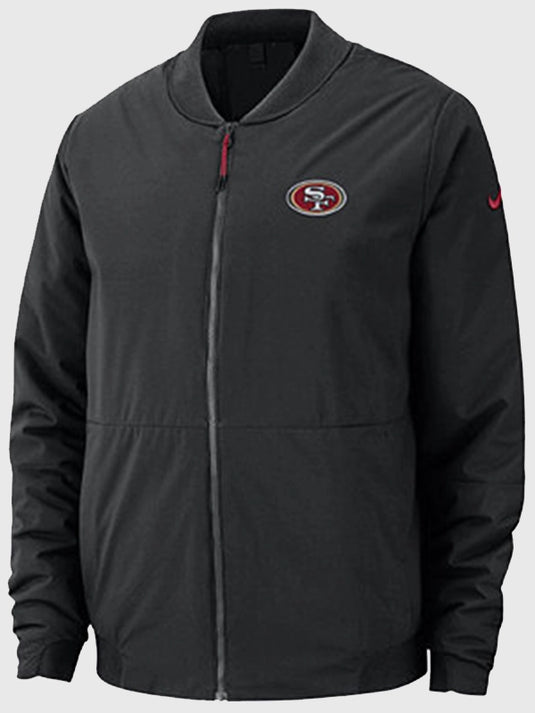 Recreated San Francisco 49ers bomber jacket in black inspired by Kyle Shanahan’s 2025 sideline outerwear