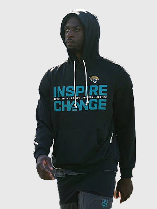 2025 Jacksonville Jaguars Nike Inspire Change black sideline hoodie featuring Opportunity Equity Freedom Justice details