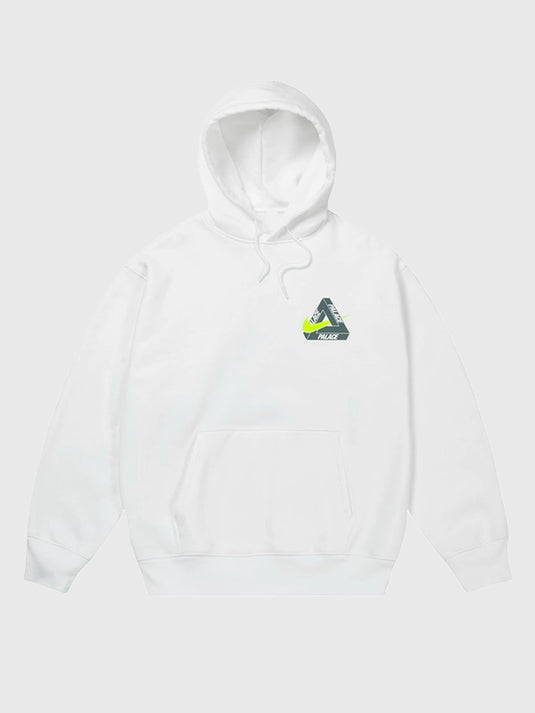 2025 Palace x Nike Tri Swoosh hoodie in white fleece combining iconic branding and streetwear versatility.