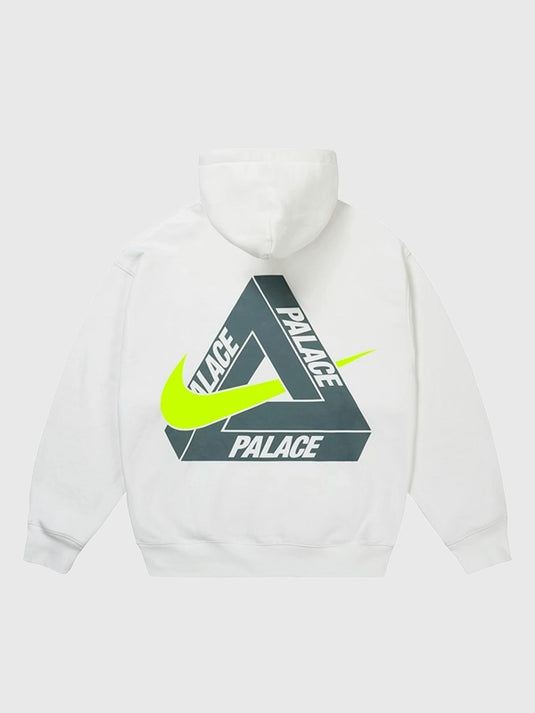 White fleece Palace x Nike Tri Swoosh hoodie crafted for a modern street look and everyday relaxed fit.