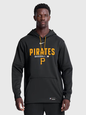 Black Pittsburgh Pirates Nike Therma-FIT hoodie recreated with warm fleece interior and modern athletic styling
